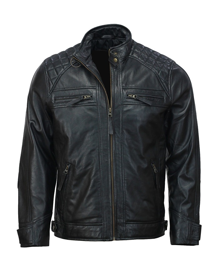Mens-Black-Cafe-Racer-Leather-Jacket-Quilted-Shoulders