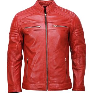 Mens Red Café Racer Leather Motorcycle Jacket Genuine Leather