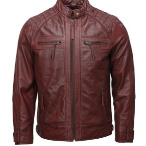 Mens Vintage Maroon Café Racer Biker Leather Jacket